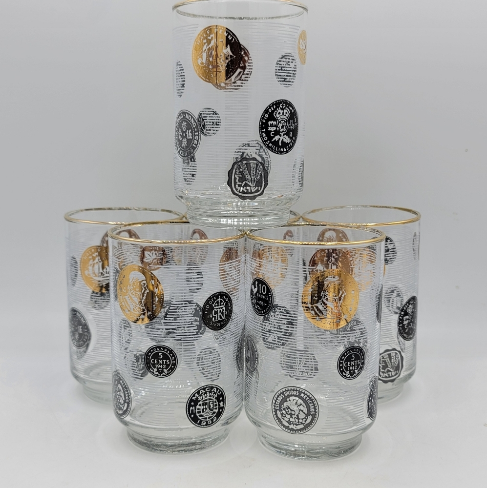Libbey Coins of the World Highball Glasses Set of 6 Gold Trim Vintage 1960s